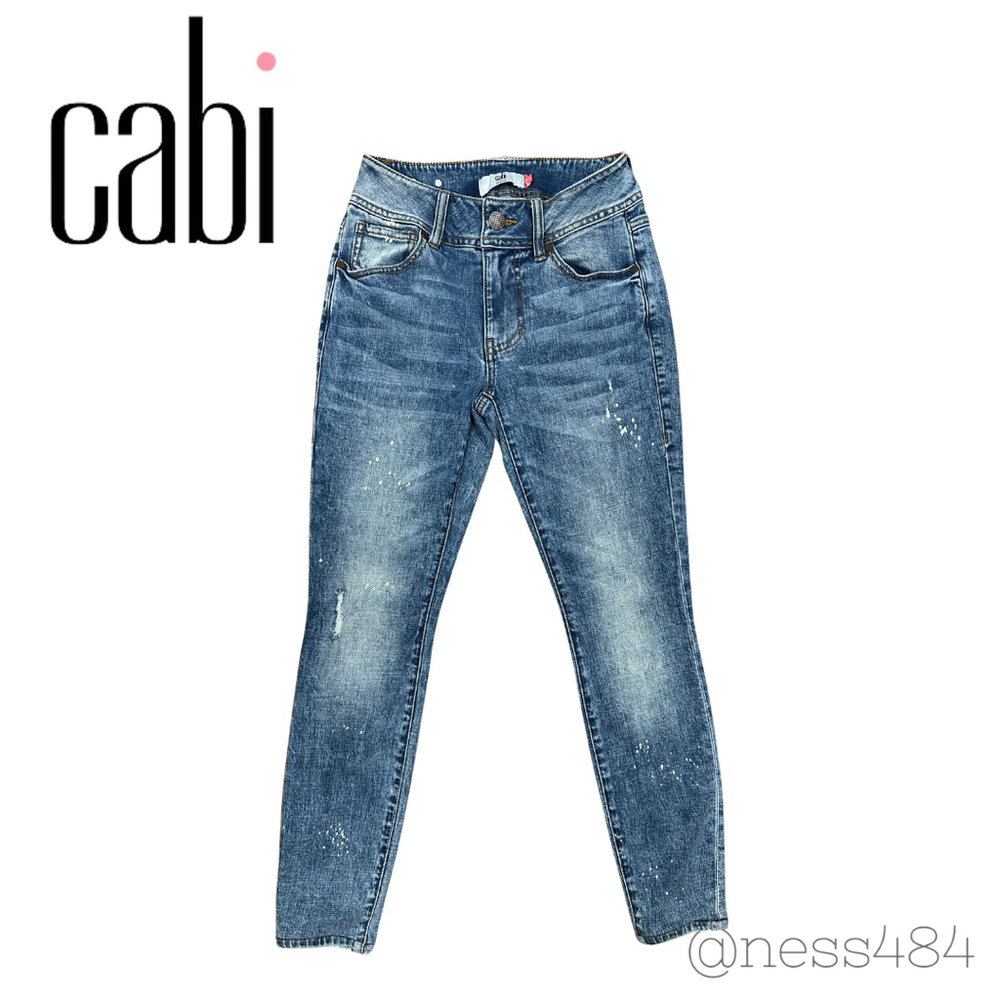 Cabi Womens Jeans Skinny Blue Wash Paint Splatter Distressed Size 2